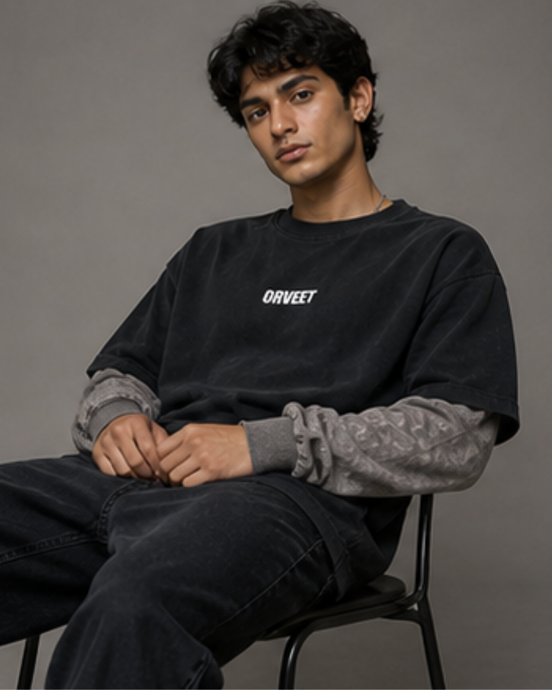 Black With Acidwash Sleeve Oversized Tee