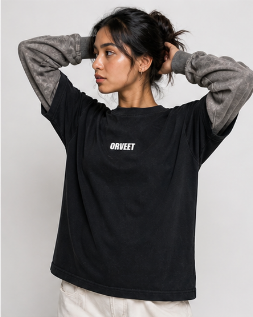 Black With Acidwash Sleeve Oversized Tee