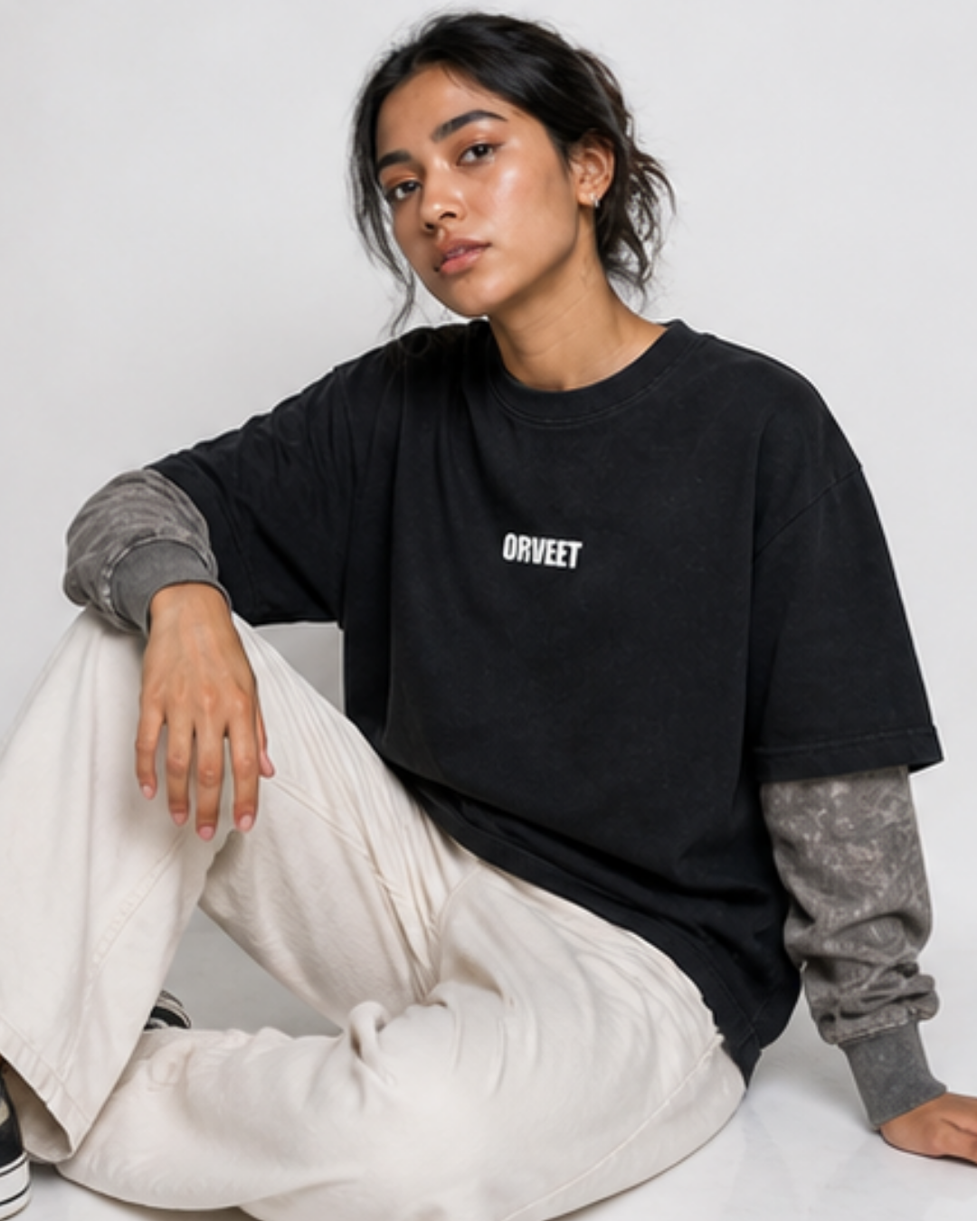 Black With Acidwash Sleeve Oversized Tee