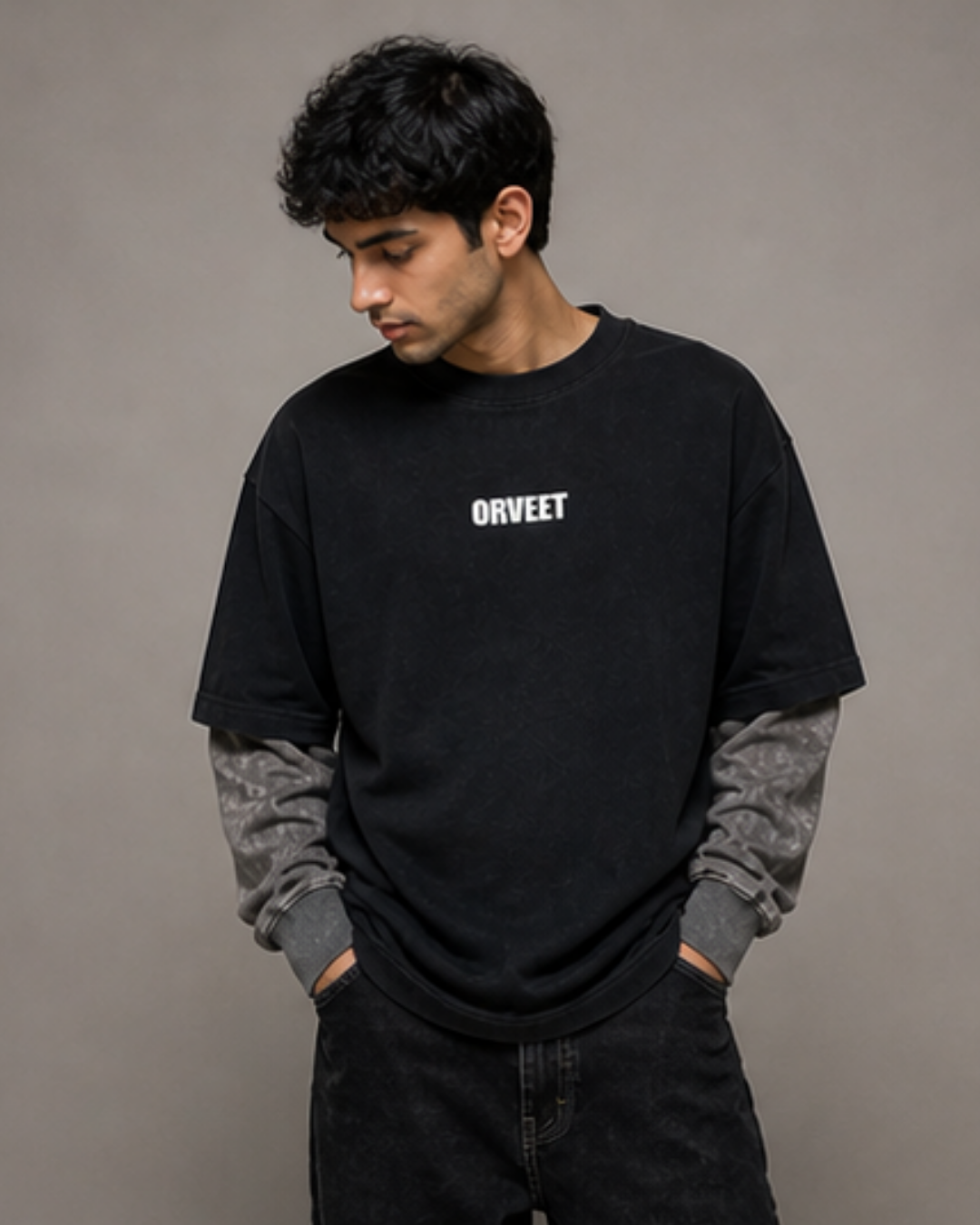 Black With Acidwash Sleeve Oversized Tee