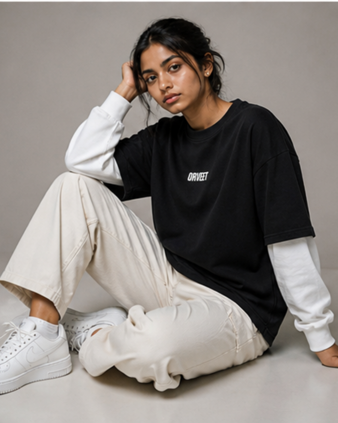 White With Black Sleeve Oversized Tee