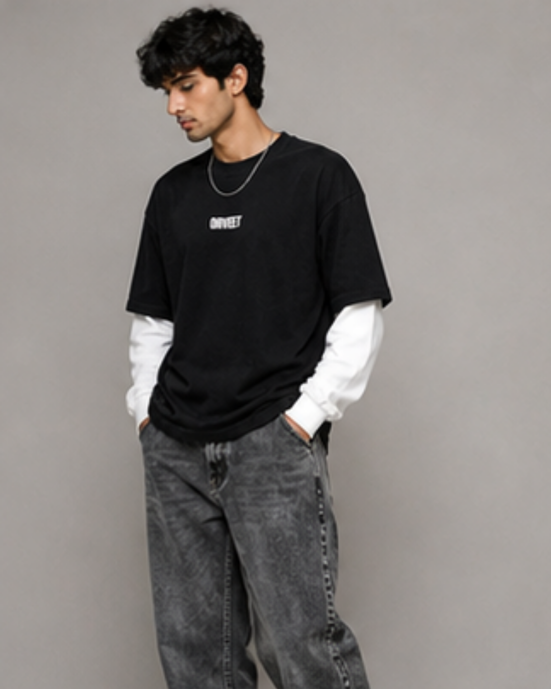 White With Black Sleeve Oversized Tee