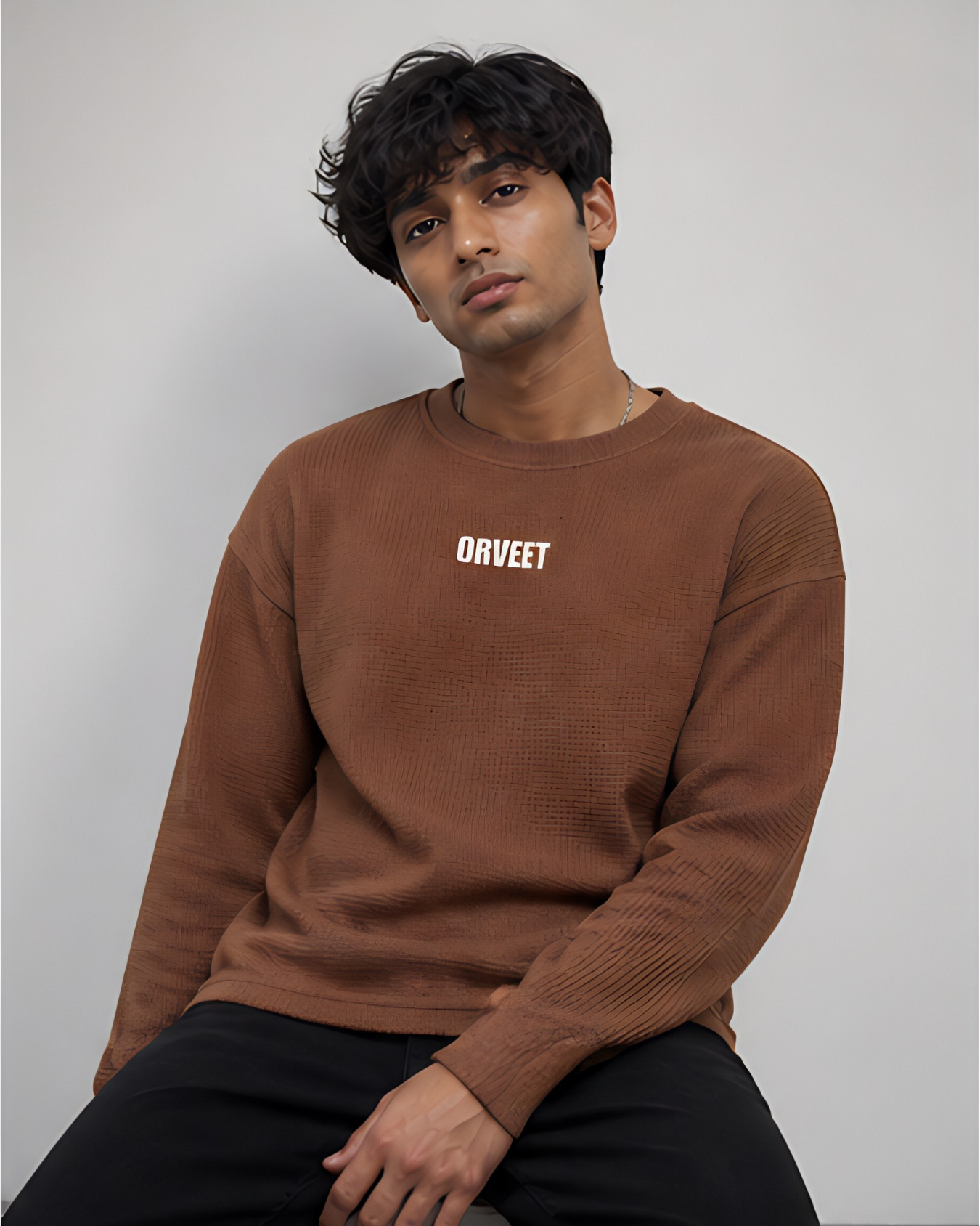 Brown Waffle Knit Oversized Full-Sleeve