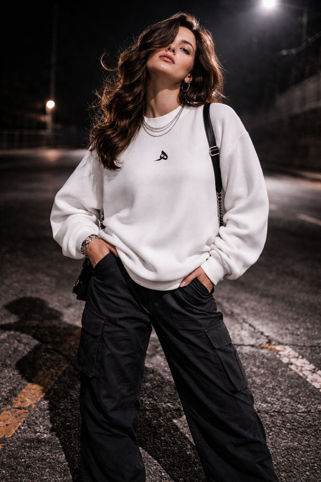 White Waffle Knit Oversized Full-Sleeve